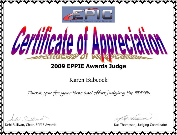 Certificate of Appreciation for being an EPPIE judge in 2009